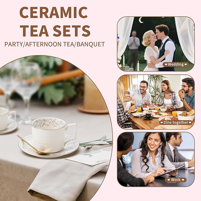 8.8 oz Cappuccino Cups with Saucers and Spoons,Embossed Bone China tea cups and Saucer Sets,3 Pieces, Vintage Style,Coffee Cup & Saucer Set For Women Wedding/Birthday/Christmas Gift
