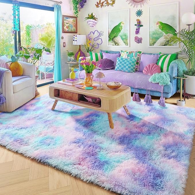 Amdrebio Purple Rainbow Mermaid Large Fuzzy Kids Rug 8x10 - Image 7