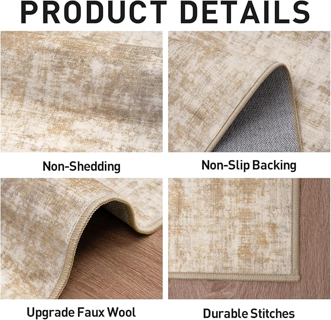 4x6 Area Rugs for Living Room: Washable Abstract Beige Badroom Carpet | - Image 5