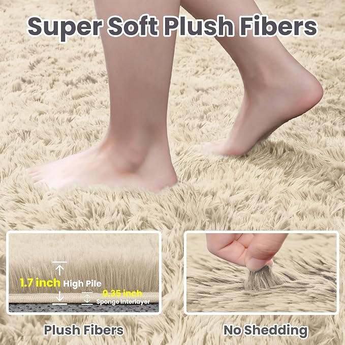 8x10 Fluffy Shag Area Rugs for Living Room Bedroom: Soft Plush Carpet Beige | - Image 5