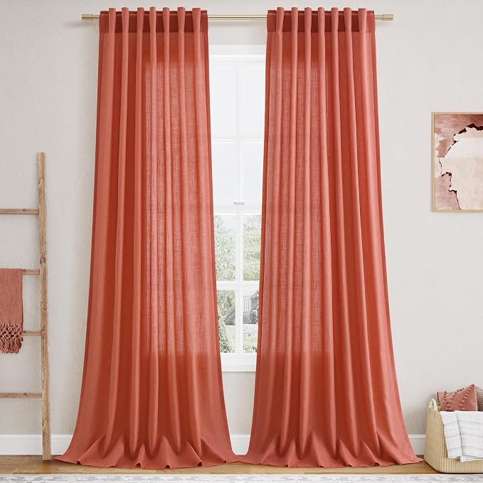 Coral Linen Curtains 102 Inches Long 2 Panel Set Back Tab Rod Pocket Semi Sheer by Nanspring
