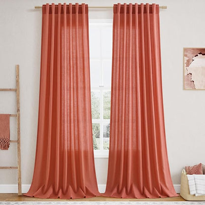 Coral Linen Curtains 102 Inches Long 2 Panel Set Back Tab Rod Pocket Semi Sheer by Nanspring