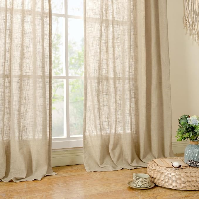 Linen Curtains 60 Inch Length 2 Panels, Light Filtering Sheer Panels | Semi - Image 9