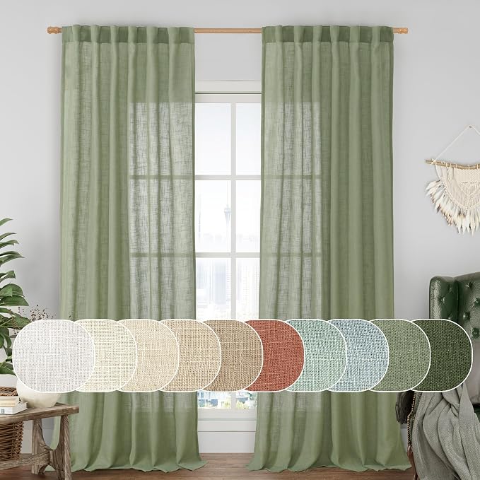 95 Inches Long Sage Green Linen Curtains by LAMIT