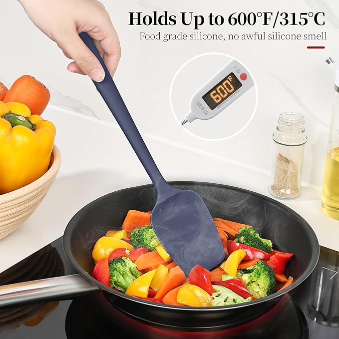 600ºF Heat Resistant Spatula, 11.34 inch High Heat Food Safe Semless Kitchen Silicone Spoon Spoonula Scraper for Cooking Baking Mixing Scraping Stirring Nonstick Cookware Pan (Midnight Blue)
