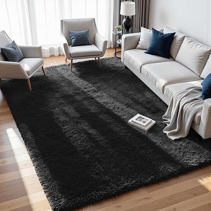 8x10 Fluffy Shag Area Rugs for Living Room Bedroom: Soft Plush Carpet Black | by CarpetAddColortoYourLife