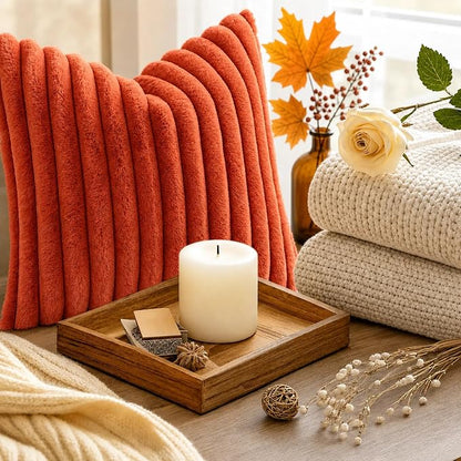 decorUhome Fall Faux Fur Throw Pillow Covers 24x24 Set of 2 Rust | Decorative - Image 8