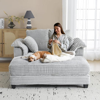 VINGLI 56" Oversized Chaise Lounge Chair, Light Grey Comfy Corduroy Chaise Sofa - Image 9