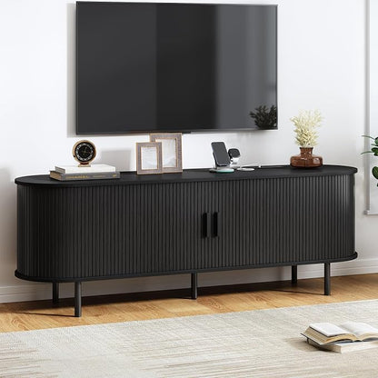 63" TV Stand with Power Outlet, Modern Media Console with Sliding Doors by ComfyCorner