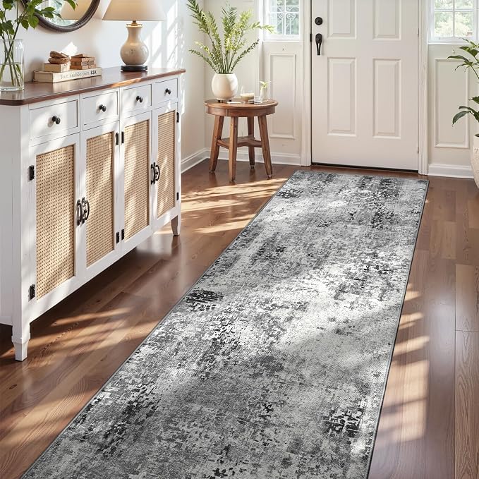 2.6x12 Grey Rug Runners for Hallways Kitchen Runner Rug Non Slip Washable Black - Image 3