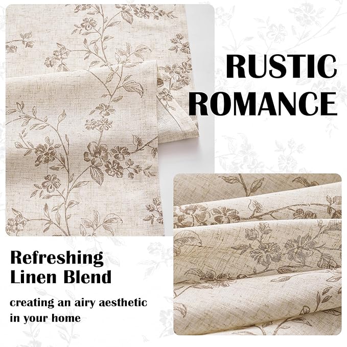 Taupe Vintage Floral Linen Curtains Farmhouse 38W X 84L 2 Panels | Elisa Series - Image 6