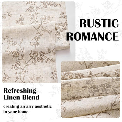 Taupe Vintage Floral Linen Curtains Farmhouse 38W X 84L 2 Panels | Elisa Series - Image 6