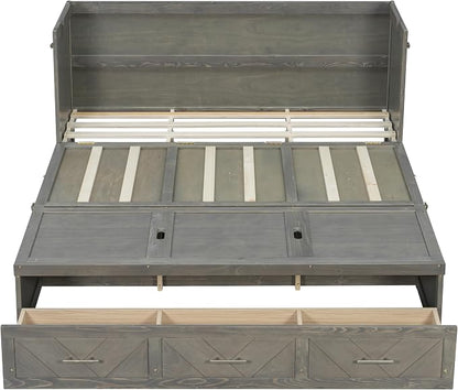 KEIKI Queen Murphy Bed Cabinet Charging Station & Geometrical Panel, Pine Wood - Image 9