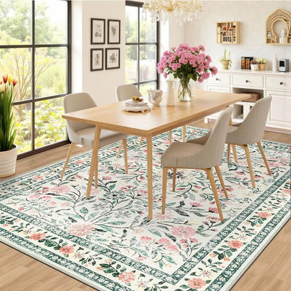 PLHXFR Area Rug 9x12 Living Room: Floral Washable Boho Carpet Green Beige | - Image 4