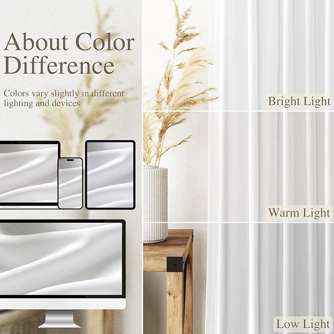 Solid White Curtains 96 Inches Long 2 Panels Back Tab Sheer Linen Curtain - Image 5