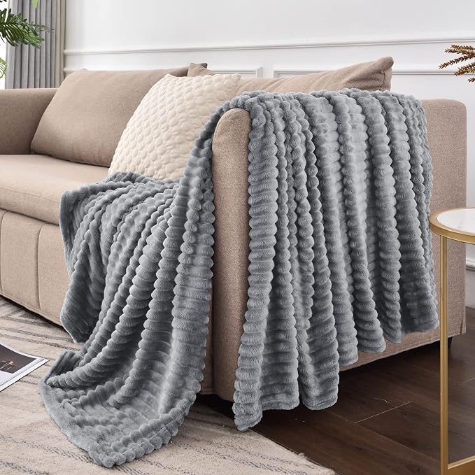 BEDELITE 3D Ribbed Jacquard Grey Fleece Throw Blanket - Image 9