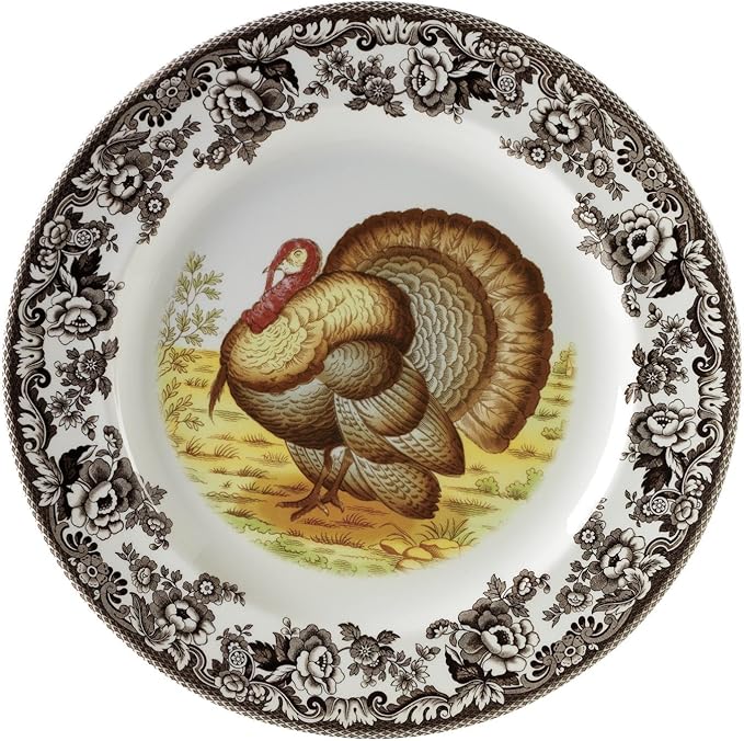 Spode Woodland Turkey Dinner Plate - 10.5" Traditional Thanksgiving Design with Historic British Floral Border, Fine Earthenware - Dishwasher, Microwave & Warm Oven Safe - Made in England