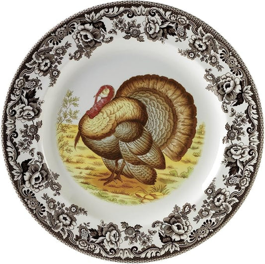 Spode Woodland Turkey Dinner Plate - 10.5" Traditional Thanksgiving Design with Historic British Floral Border, Fine Earthenware - Dishwasher, Microwave & Warm Oven Safe - Made in England