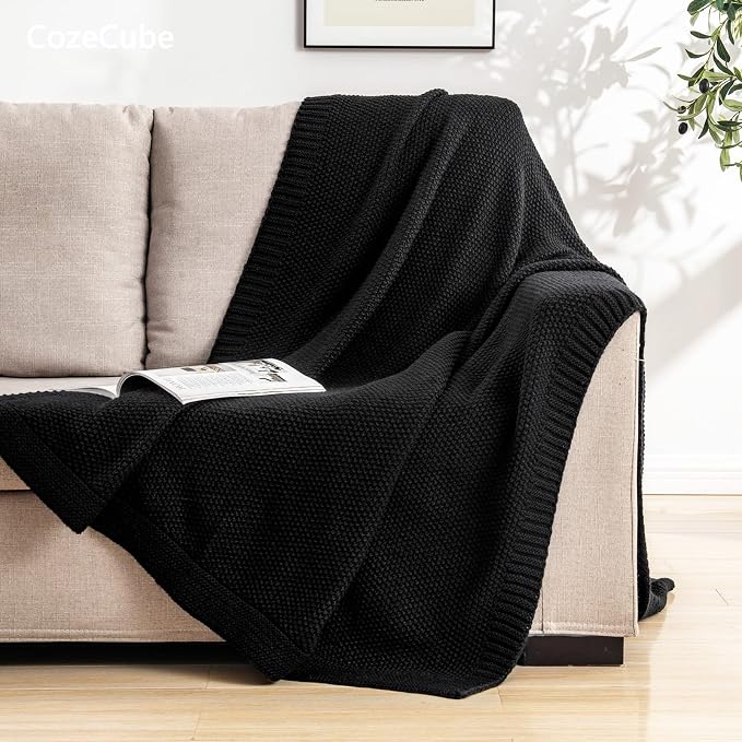 CozeCube Jet Black Seed Stitch Throw Blanket 60"x80", Farmhouse Decor | Blanket - Image 4