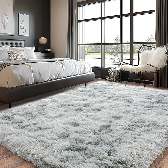 Super Fluffy Area Rug for Living Room 5x7, Shaggy Carpet, Tie Dye Grey | Modern - Image 3