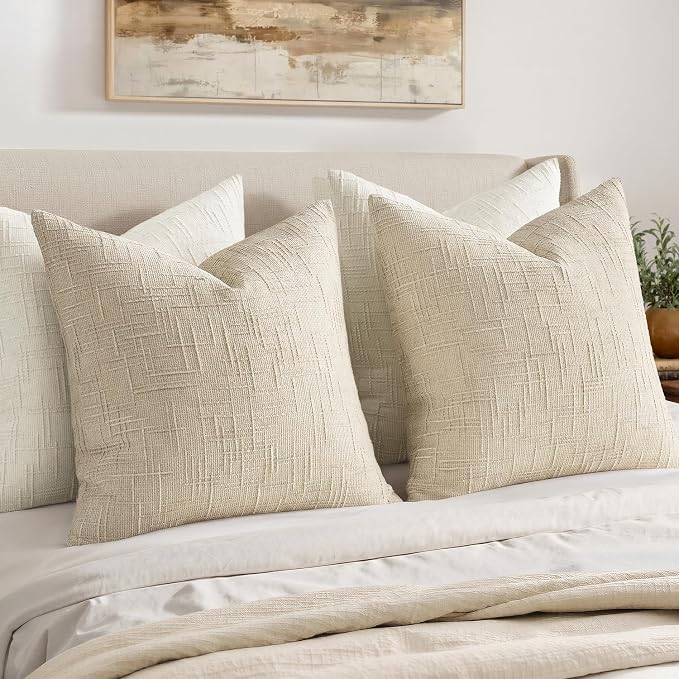MIULEE Chenille Textured Euro Throw Pillow Covers Beige 24x24 Set of 2 | Slubby - Image 5