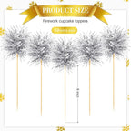 Chinco 100 Pcs Foil Firework Cupcake Toppers Sparkle Tinsel Cake Toppers Cake Decoration Cocktail Fruit Toothpick for Birthday Wedding Graduation Party(Silver)