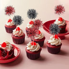 40 PCS Foil Firework Cupcake Toppers Sparkle Tinsel Cupcake Picks Fireworks Birthday Party Decorations Cocktail Fruit Toothpick for Birthday Wedding Graduation Party Decorations Supplies Black Red
