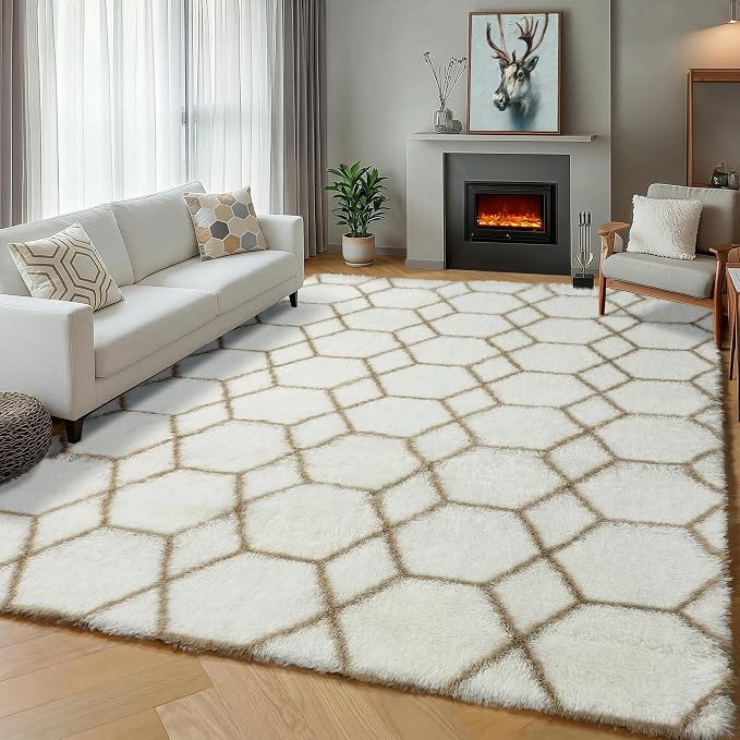 Area Rugs for Living Room, 5x8 Fluffy White and Beige Bedroom Geometric Rug | by ONASAR