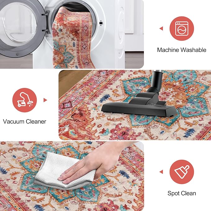 Yamaziot Washable Area Rug for Bedroom, 3x5 Non-Slip Boho Entryway Rug | Stain - Image 4