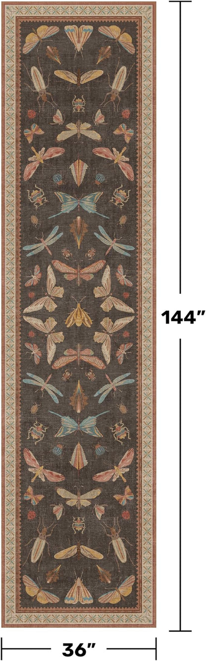 Vintage Insect Moth Runner Rug 3x12, Washable Non Slip Carpet - Image 2