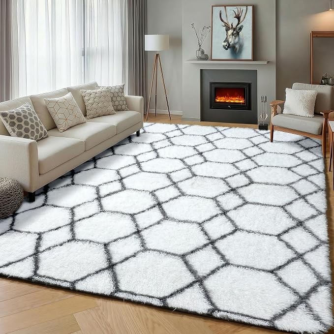 6x9 Area Rugs for Living Room Bedroom, Fluffy White and Grey Geometric Rug | - Image 5