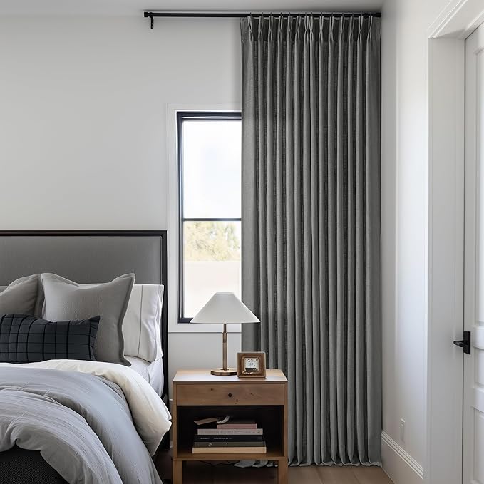 Charcoal Grey 84 Inch Pinch Pleated Linen Semi Sheer Curtains 2 Panel Set | - Image 6