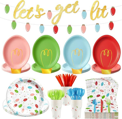 177Pcs Christmas Party Supplies Decorations, Disposable Christmas Light Bulb Paper Plates Napkins Cups Plastic Cutlery Serve 25, Heavy Duty Disposable Dinnerware Set for Holiday Home Xmas Party Decor