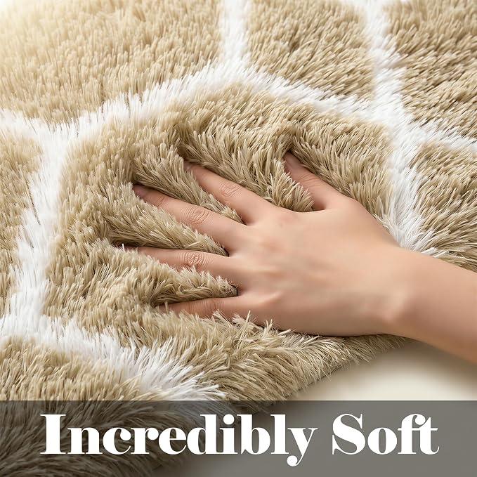 Area Rugs for Living Room, 7x10 Fluffy Beige and White Modern Bedroom Rug | - Image 3