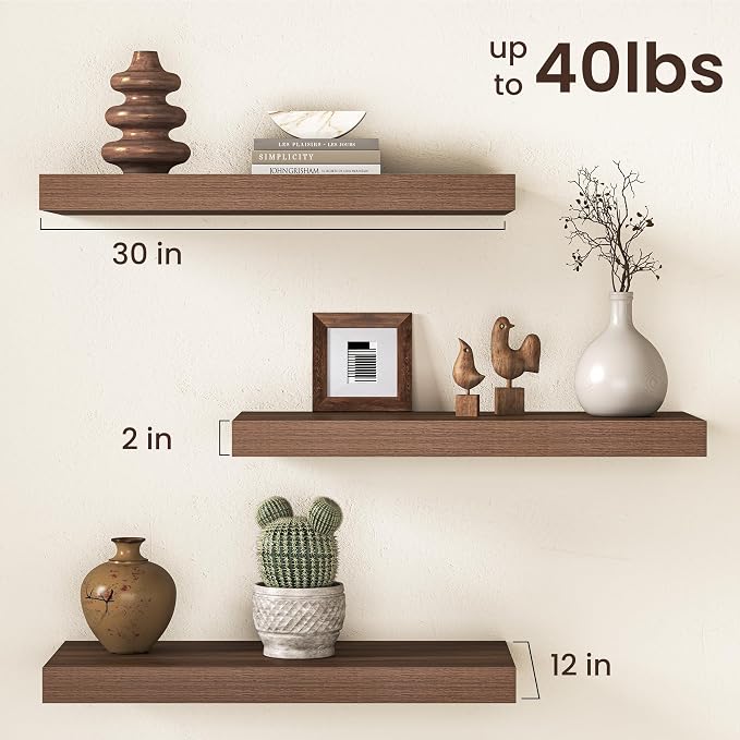 30Inch Walnut Floating Shelves for Wall, 12 Inch Deep Shelves for Bedroom - Image 3
