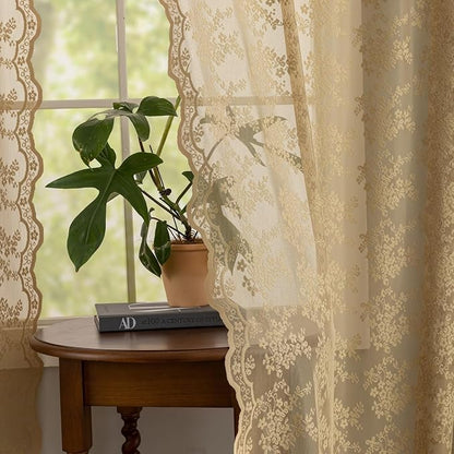 YJ YANJUN Vintage Lace Curtains 2 Panels Farmhouse Short Tan Sheer Curtains - Image 3