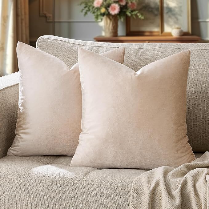 GIGIZAZA Velvet Pillow Covers 16x16 Decorative Pillows Pack of 2 Beige | - Image 6