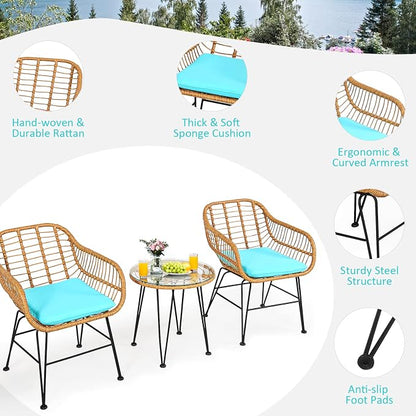 Tangkula 3 Pieces Patio Bistro Set, Rattan Conversation Set - Image 6