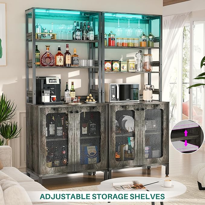 Aheaplus Bar Cabinet with Power Outlets, 67" Tall Wine Bar Cabinet Liquor Cabinet with LED Lights and Glass Holder, Coffee Bar Station for Living Room, Microwave Stand Bakers Rack Cabinet, Black Oak