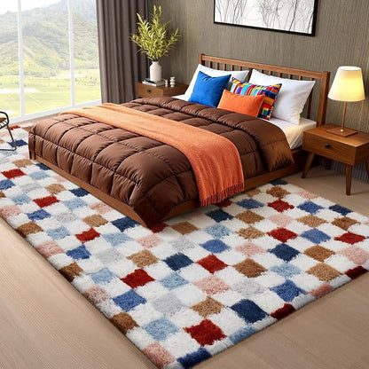 Ophanie Checkered Rainbow Rug for Living Room Bedroom, Colorful Fluffy Soft - Image 5