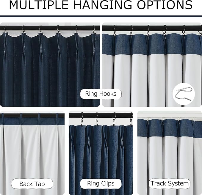 Vision Home Navy Blue Pinch Pleated Full Blackout Curtains Linen Blended Room - Image 3