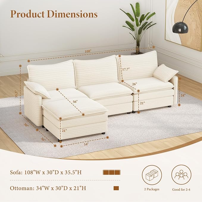 Vesgantti 108" Modular Sectional Sofa, Comfy Cloud Couch - Image 2