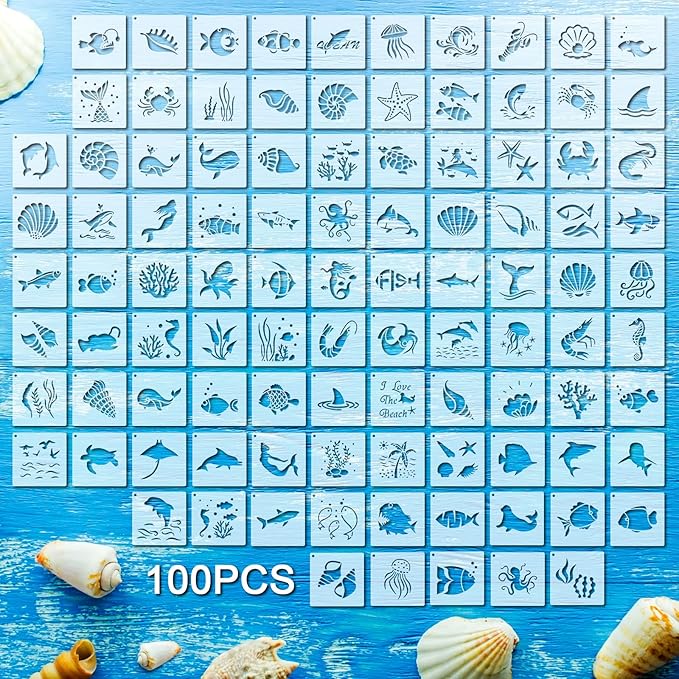 100 Pcs Stencils for Painting on Wood Reusable Stencil Crafts Drawing Templates Holiday Wall Paper for DIY Scrapbook Home 2 x 2 Inch(Marine Life)