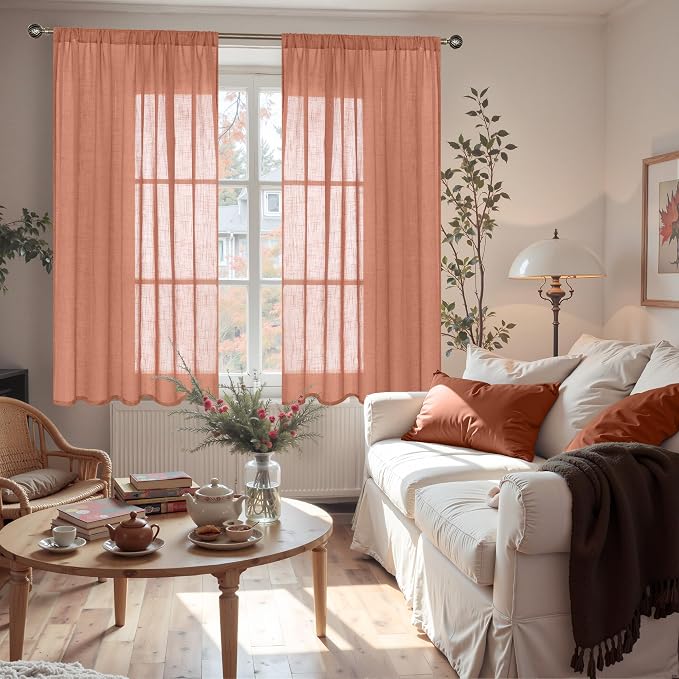 BGment Rust Terracotta Linen Curtains 45 Inch Length, Burnt Orange Semi Sheer - Image 2