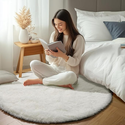 Cream White Round Rugs 5ft for Bedroom Living Room, Ivory Fluffy Circle Area - Image 6