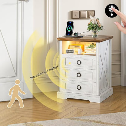 Nightstand Set 2 with Charging Station, Farmhouse End Side Table with 3 Drawers - Image 5