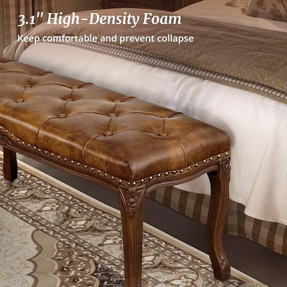 Cozyman Bedroom Bench, French Vintage Tufted Leather Bench, 45.2" Carving - Image 8