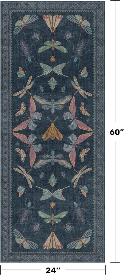 Vintage Navy Blue 2x5 Runner Rug, Washable Insect Carpet - Image 2
