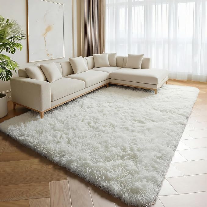 Cream White Rugs for Living Room Bedroom, 5x8 Fluffy Bedside Area Rug, Soft by ONASAR