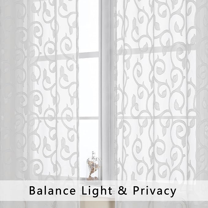 Furman Sheer White Curtains 24 Inch Length 2 Panels Set, Elegant Geometric - Image 3